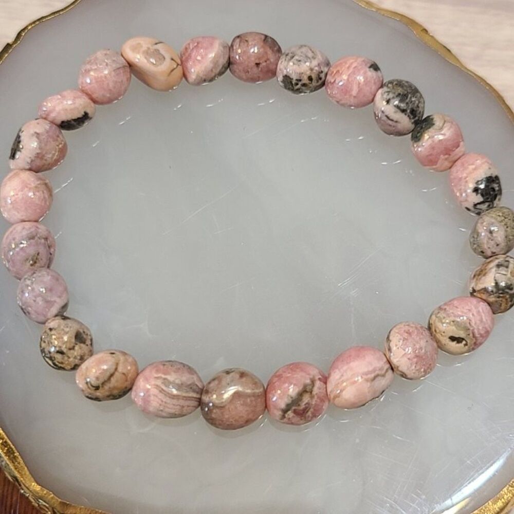 Natural Rhodochrosite Gemstone Bracelet Pink Crystal Healing Beads Stretch 7 in